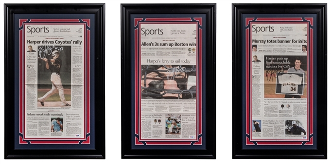 Lot of (3) 2010-11 Bryce Harper Signed and (2) 17x28" and 18x28" Framed Junior College Newspapers (PSA/DNA & JSA)